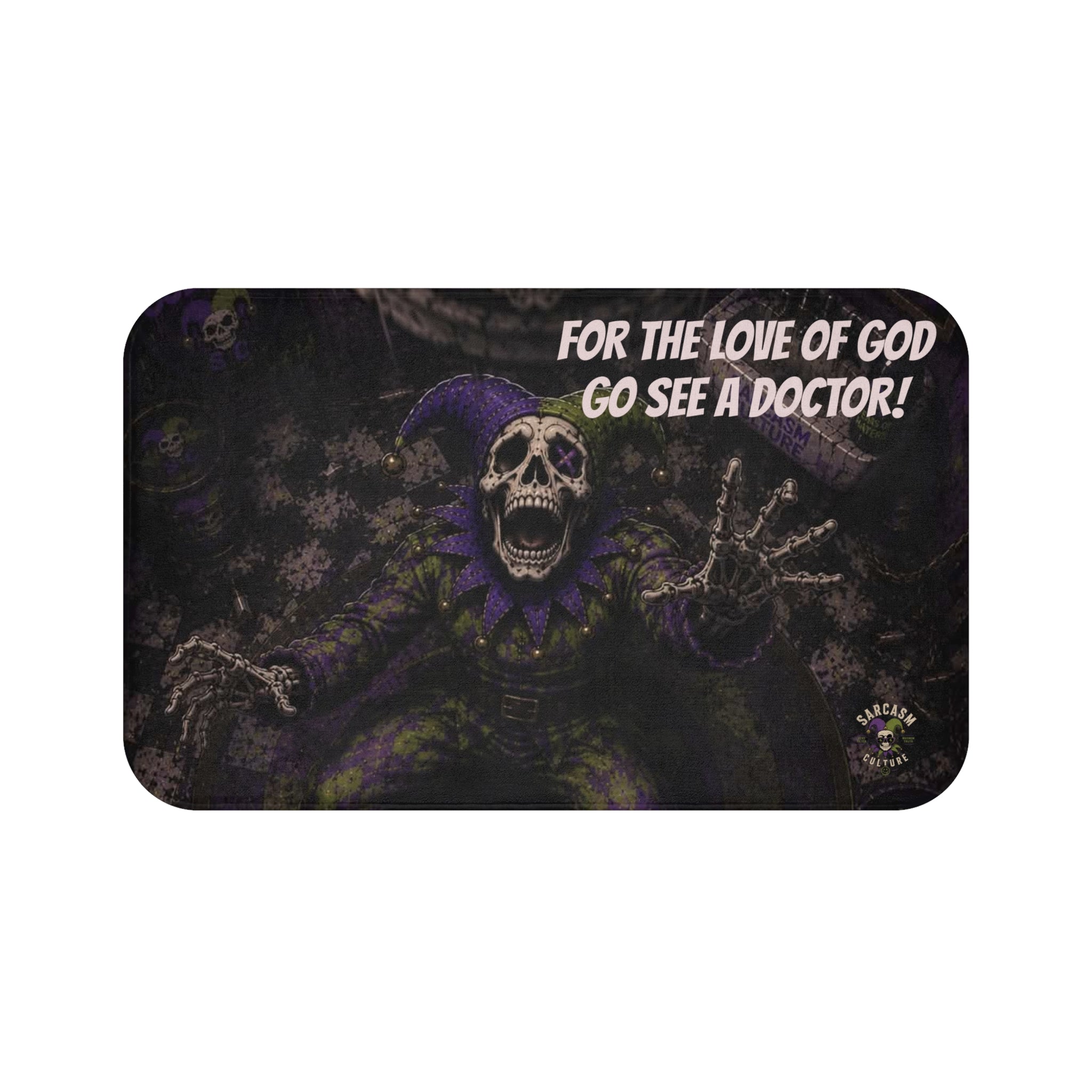 Gothic Skull Jester Bath Mat — "For the Love of God Go See a Doctor!"
